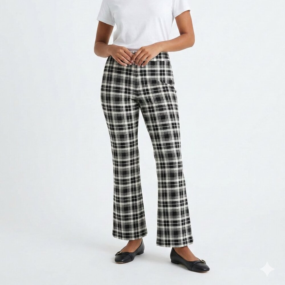 Iman Pants Black White Plaid Flared Pullon Office Casual XLT